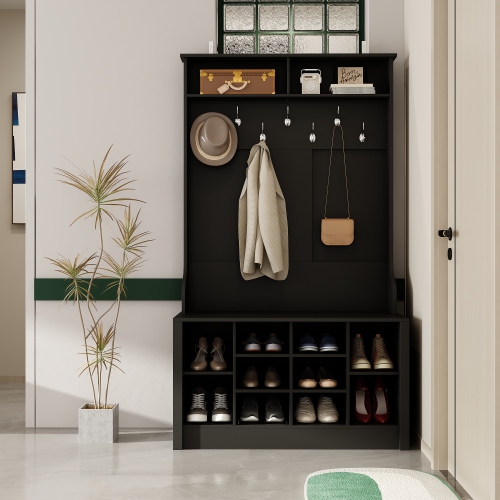 Famapy Modern 39.4" Black Hall Tree with Storage Bench, 7 Metal Hooks, Entryway Organizer with Coat Rack and Upper Compartments,Black