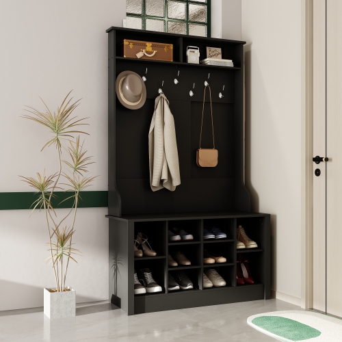 Famapy Modern 39.4" Black Hall Tree with Storage Bench, 7 Metal Hooks, Entryway Organizer with Coat Rack and Upper Compartments,Black