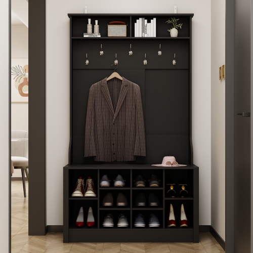 Famapy Modern 39.4" Black Hall Tree with Storage Bench, 7 Metal Hooks, Entryway Organizer with Coat Rack and Upper Compartments,Black