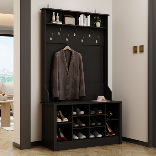 Famapy Modern 39.4" Black Hall Tree with Storage Bench, 7 Metal Hooks, Entryway Organizer with Coat Rack and Upper Compartments,Black