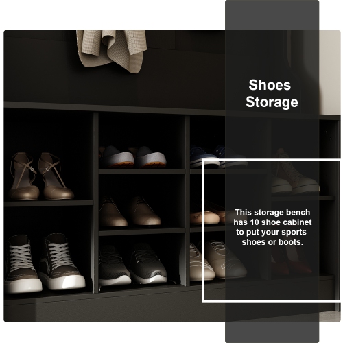 Famapy Modern 39.4" Black Hall Tree with Storage Bench, 7 Metal Hooks, Entryway Organizer with Coat Rack and Upper Compartments,Black