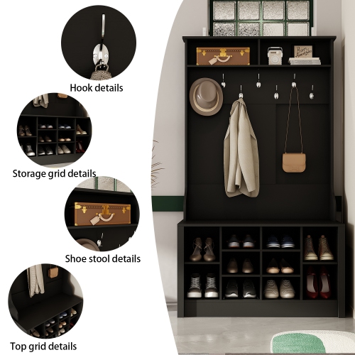 Famapy Modern 39.4" Black Hall Tree with Storage Bench, 7 Metal Hooks, Entryway Organizer with Coat Rack and Upper Compartments,Black
