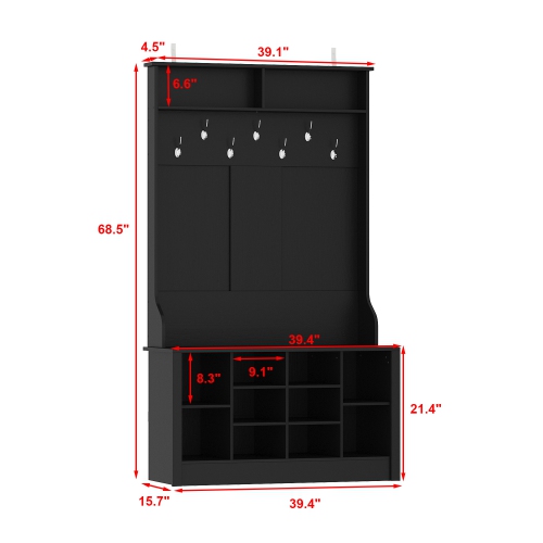 Famapy Modern 39.4" Black Hall Tree with Storage Bench, 7 Metal Hooks, Entryway Organizer with Coat Rack and Upper Compartments,Black