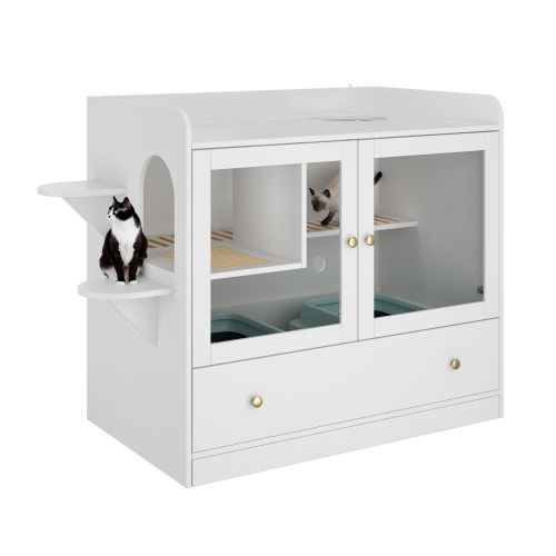 Famapy Modern 40" Indoor Composite Cat House with Storage Shelves, Ventilation System & Durable Design, White Pet Furniture for Medium Cats,White