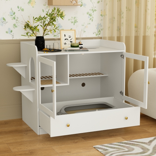 Famapy Modern 40" Indoor Composite Cat House with Storage Shelves, Ventilation System & Durable Design, White Pet Furniture for Medium Cats,White