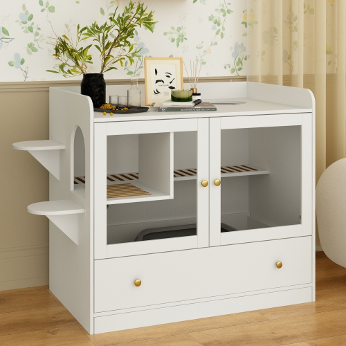 Famapy Modern 40" Indoor Composite Cat House with Storage Shelves, Ventilation System & Durable Design, White Pet Furniture for Medium Cats,White