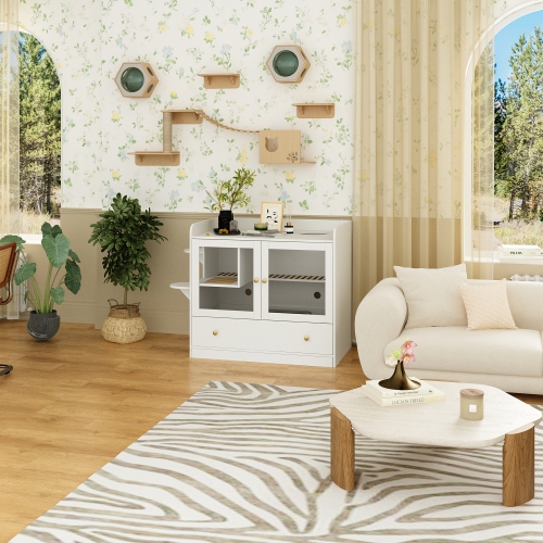 Famapy Modern 40" Indoor Composite Cat House with Storage Shelves, Ventilation System & Durable Design, White Pet Furniture for Medium Cats,White