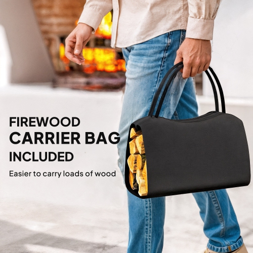 Outsunny Firewood Rack Outdoor, Heavy-Duty Log Holder with Log Tote Bag for Fireplace, Indoor Outdoor Fire Wood Storage Rack with Handles, 110 lbs