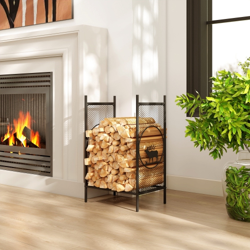 Support extérieur Outsunny Firewood, porte-bûches en métal robuste de 19&nbsp;po avec côtés en filet, motifs décoratifs de cerfs et pieds