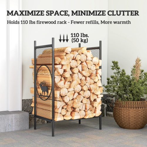 Support extérieur Outsunny Firewood, porte-bûches en métal robuste de 19&nbsp;po avec côtés en filet, motifs décoratifs de cerfs et pieds