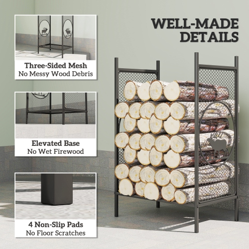 Support extérieur Outsunny Firewood, porte-bûches en métal robuste de 19&nbsp;po avec côtés en filet, motifs décoratifs de cerfs et pieds