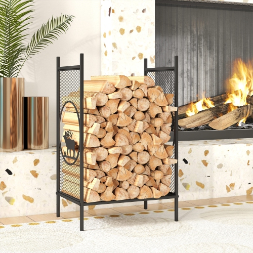 Support extérieur Outsunny Firewood, porte-bûches en métal robuste de 19&nbsp;po avec côtés en filet, motifs décoratifs de cerfs et pieds