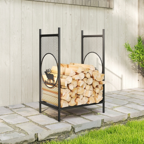 Support extérieur Outsunny Firewood, porte-bûches en métal robuste de 19&nbsp;po avec côtés en filet, motifs décoratifs de cerfs et pieds