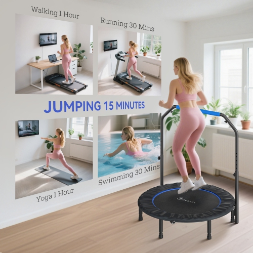 Soozier 45" Foldable Rebounder Trampoline for Adult, Mini Trampoline Indoor and Outdoor with 4 Level Adjustable U-Shaped Foam Handle, Quiet and Safe