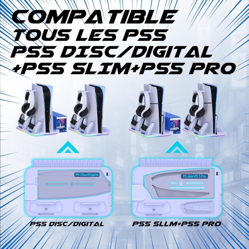 RGB Light and 3 Levels Turbo Cooling Station with Controller Charging Station for PS5/SLIM Digital/Disc with Headset Holder