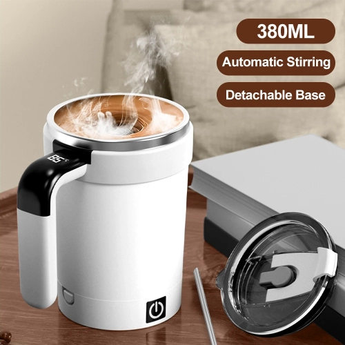 Tasse à mélanger automatique magnétique avec couvercle et paille en acier inoxydable 380 ml, tasse à café électrique USB étanche