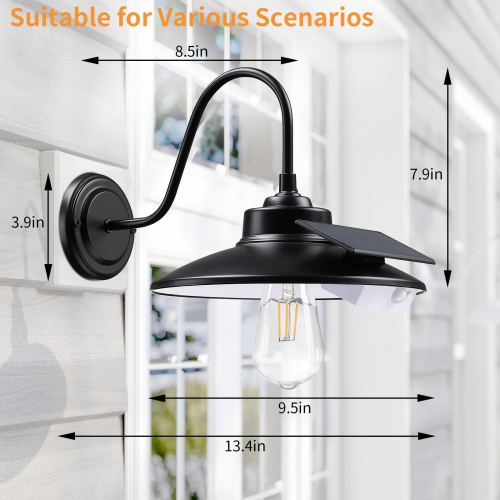 Solar Barn Lights Outdoor with 3 Lighting Modes & Motion Sensor, Waterproof Black Farmhouse Outdoor Gooseneck Solar Lights for Barn Shed Porch