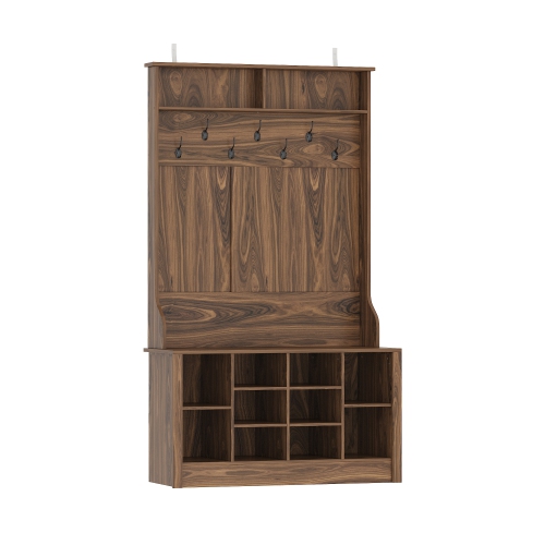 FUFU&GAGA Modern 39.4" Hall Tree with Storage Bench, 7 Metal Hooks, Entryway Organizer with Coat Rack and Upper Compartments,Brown