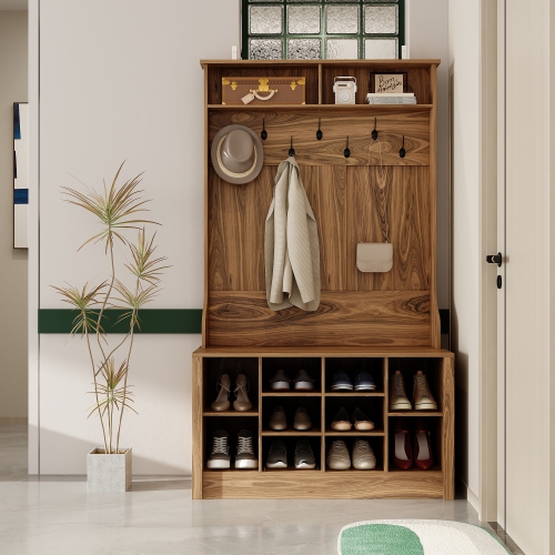 FUFU&GAGA Modern 39.4" Hall Tree with Storage Bench, 7 Metal Hooks, Entryway Organizer with Coat Rack and Upper Compartments,Brown