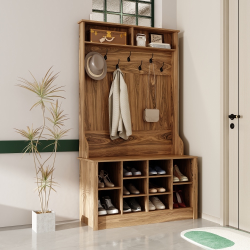 FUFU&GAGA Modern 39.4" Hall Tree with Storage Bench, 7 Metal Hooks, Entryway Organizer with Coat Rack and Upper Compartments,Brown