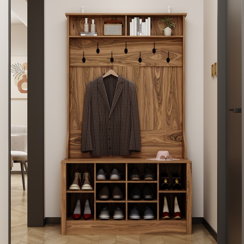 FUFU&GAGA Modern 39.4" Hall Tree with Storage Bench, 7 Metal Hooks, Entryway Organizer with Coat Rack and Upper Compartments,Brown