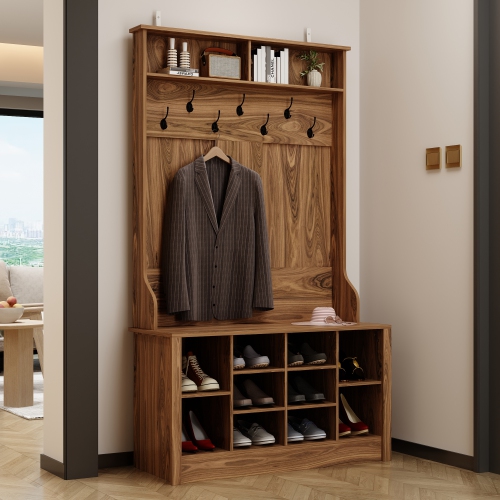 FUFU&GAGA Modern 39.4" Hall Tree with Storage Bench, 7 Metal Hooks, Entryway Organizer with Coat Rack and Upper Compartments,Brown