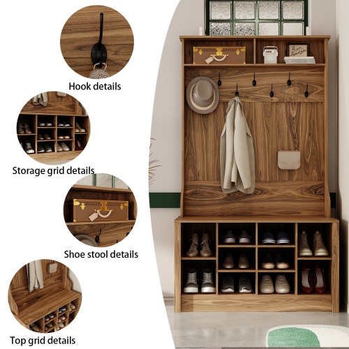 FUFU&GAGA Modern 39.4" Hall Tree with Storage Bench, 7 Metal Hooks, Entryway Organizer with Coat Rack and Upper Compartments,Brown