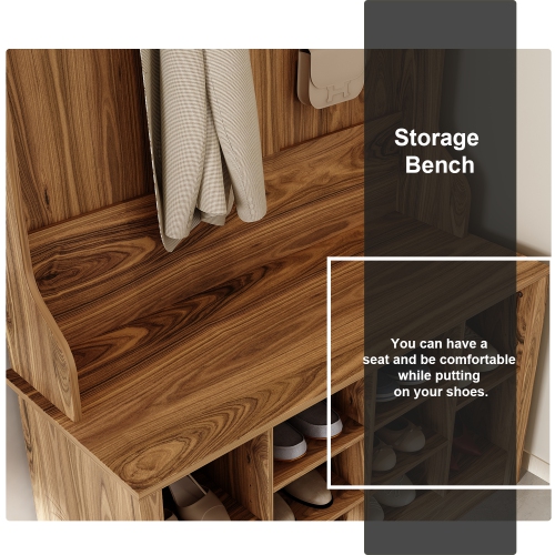 FUFU&GAGA Modern 39.4" Hall Tree with Storage Bench, 7 Metal Hooks, Entryway Organizer with Coat Rack and Upper Compartments,Brown