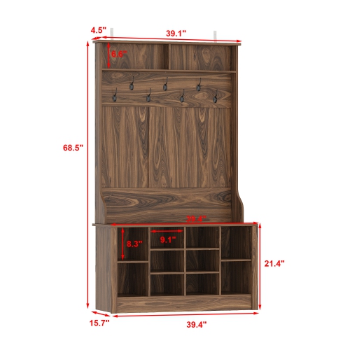 FUFU&GAGA Modern 39.4" Hall Tree with Storage Bench, 7 Metal Hooks, Entryway Organizer with Coat Rack and Upper Compartments,Brown