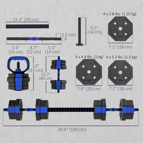 Ensemble d'haltères réglables 4-en-1 de Soozier, utilisés comme haltères, haltères, support de poussée, 44 lb – Ensemble de poids gratuits pour