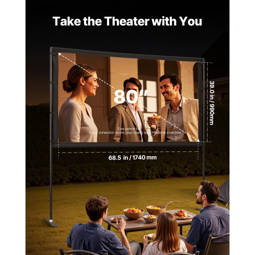 VEVOR 80 Inch Projector Screen with Stand, 160° Wide Angle Indoor Outdoor Projection Screen, 16:9 4K HD Wrinkleless Portable Dual-Stand Screens with