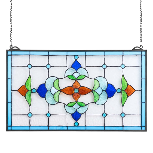VEVOR Stained Glass Window Panel, 26 x 16 in, Tiffany Style Hanging Transom Window Panel with Chain, Large Horizontal Rectangle Stain Glass, Vintage