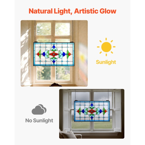 VEVOR Stained Glass Window Panel, 26 x 16 in, Tiffany Style Hanging Transom Window Panel with Chain, Large Horizontal Rectangle Stain Glass, Vintage