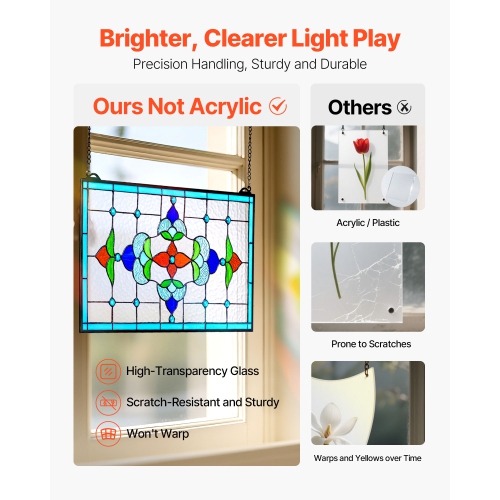 VEVOR Stained Glass Window Panel, 26 x 16 in, Tiffany Style Hanging Transom Window Panel with Chain, Large Horizontal Rectangle Stain Glass, Vintage