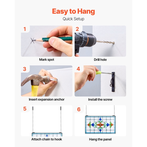 VEVOR Stained Glass Window Panel, 26 x 16 in, Tiffany Style Hanging Transom Window Panel with Chain, Large Horizontal Rectangle Stain Glass, Vintage