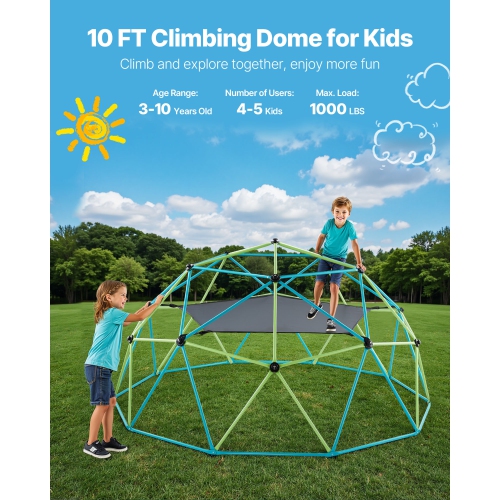 VEVOR Climbing Dome, 10FT Geometric Dome Climber with Swing & Hammock,1000LBS Loading Kid's Jungle Gym,Outdoor Backyard Climbing Equipment for Boys