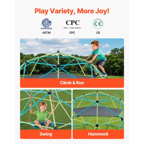 VEVOR Climbing Dome, 10FT Geometric Dome Climber with Swing & Hammock,1000LBS Loading Kid's Jungle Gym,Outdoor Backyard Climbing Equipment for Boys