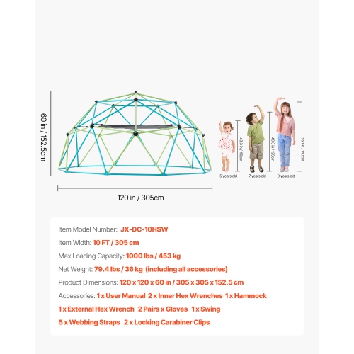 VEVOR Climbing Dome, 10FT Geometric Dome Climber with Swing & Hammock,1000LBS Loading Kid's Jungle Gym,Outdoor Backyard Climbing Equipment for Boys