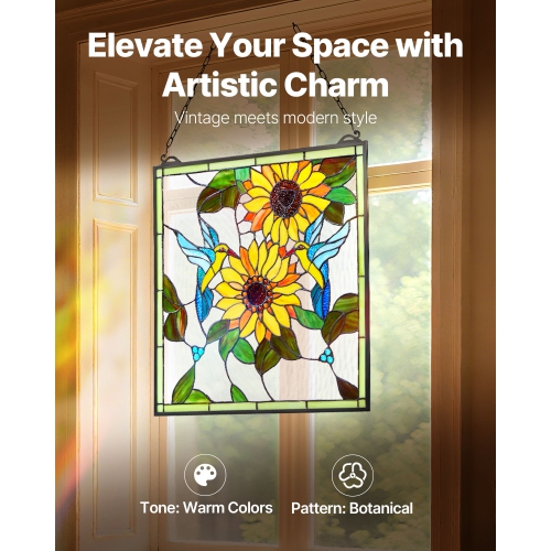 VEVOR 20 x 20 in Stained Glass Window Panel,Tiffany Style Hanging Transom Window Panel with Chain, Large Vertical Rectangle Stain Glass, Vintage