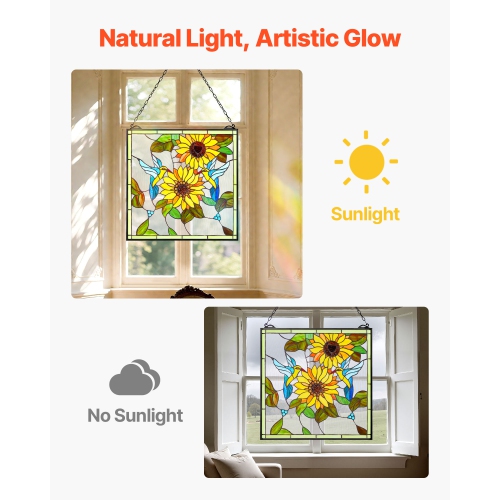 VEVOR 20 x 20 in Stained Glass Window Panel,Tiffany Style Hanging Transom Window Panel with Chain, Large Vertical Rectangle Stain Glass, Vintage