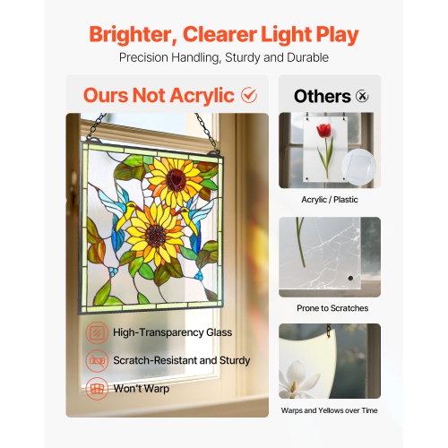 VEVOR 20 x 20 in Stained Glass Window Panel,Tiffany Style Hanging Transom Window Panel with Chain, Large Vertical Rectangle Stain Glass, Vintage