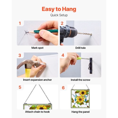 VEVOR 20 x 20 in Stained Glass Window Panel,Tiffany Style Hanging Transom Window Panel with Chain, Large Vertical Rectangle Stain Glass, Vintage