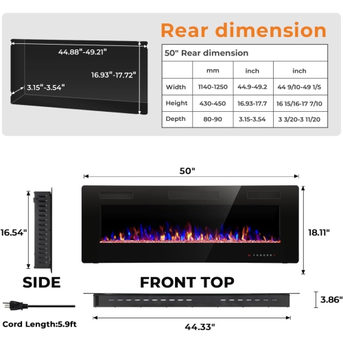 50" Electric Fireplace Insert, Wall Mounted/Recessed Slim Heater with Timer, 3D Flame, Remote & Touch Controls, Adjustable Colors, Speeds &