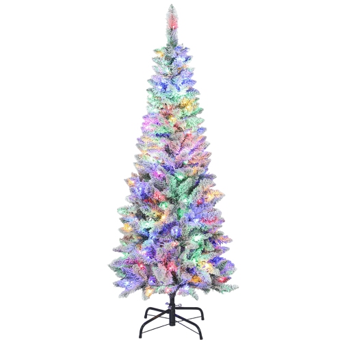 HOMCOM 5ft Flocked Prelit Christmas Tree with Dual Colour LED Light, Pencil Shape, Hinged Xmas Tree with 11 Light Modes, Metal Stand, Easy Assembly