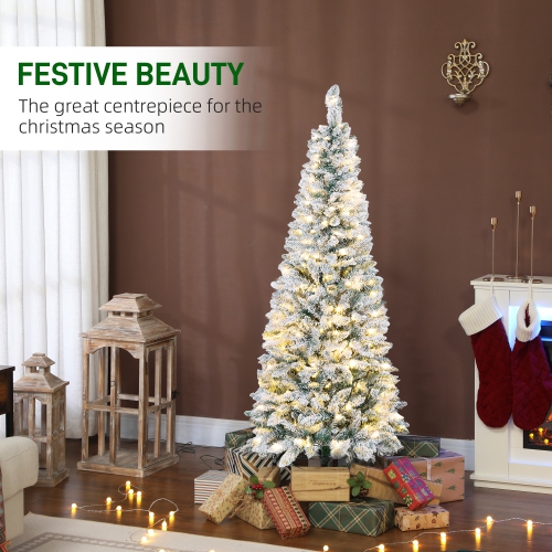 HOMCOM 5ft Flocked Prelit Christmas Tree with Dual Colour LED Light, Pencil Shape, Hinged Xmas Tree with 11 Light Modes, Metal Stand, Easy Assembly