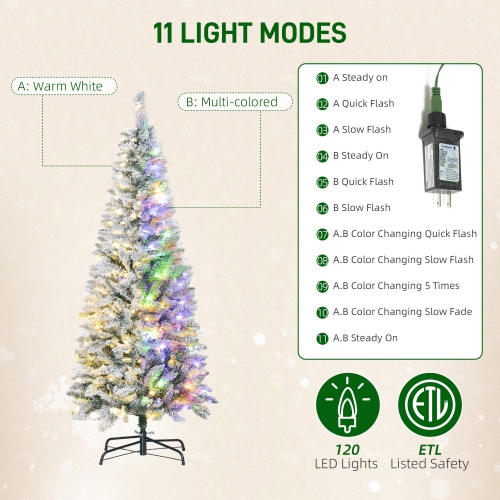 HOMCOM 5ft Flocked Prelit Christmas Tree with Dual Colour LED Light, Pencil Shape, Hinged Xmas Tree with 11 Light Modes, Metal Stand, Easy Assembly