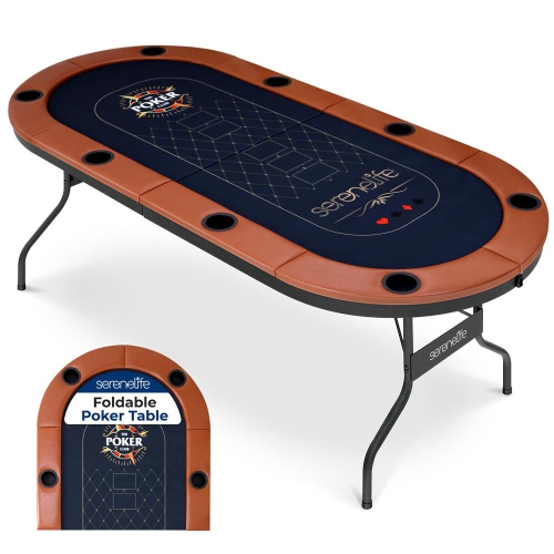SereneLife 6ft Foldable Poker Game Table, 8 Player Casino Style Oval Card Table with Cushioned Rails, 8 Cup Holders, Metal Legs, Water-Resistant,