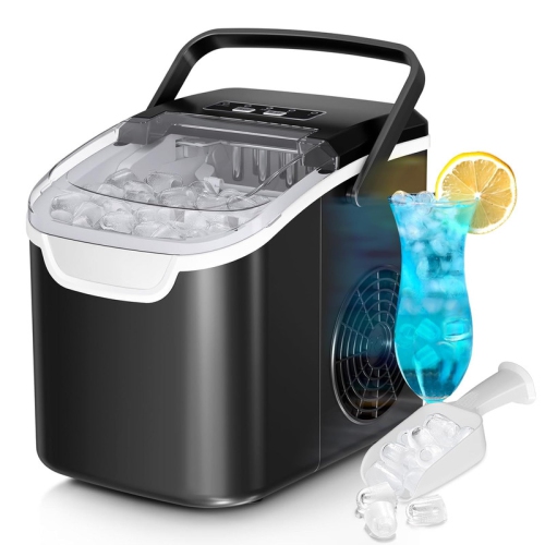 Antarctic Star 26lb/24H Portable Ice Maker, Countertop with Handle, 6-Min Bullet Ice, 2 Sizes, Self-Cleaning, Scoop & Basket, Ideal for Home,