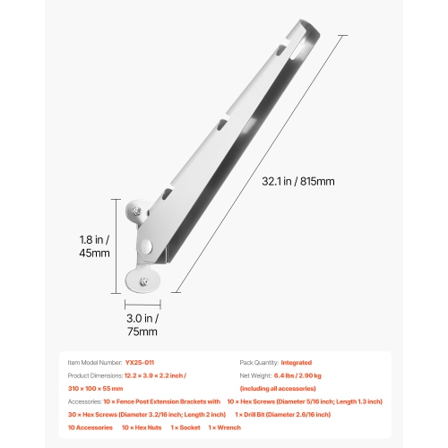 VEVOR 10 Packs 12.2 in Barbed Wire Arm, Fence Post Extender, Flat or Surface Mounted, Galvanized Steel Fence Height Extender, Protect Privacy and
