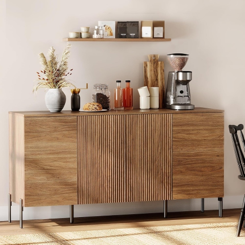 WAMPAT Fluted Sideboard Buffet Cabinet, 61.6" Kitchen Storage Cabinets with 4 Doors & Adjustable Shelves, Modern Coffee Bar Accent Cabinet Credenza